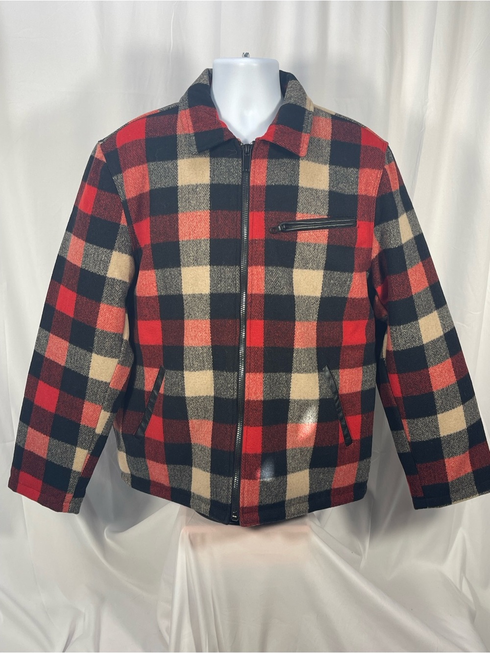 Schott NYC Red, Black & Cream Plaid Rancher Trucker Zip Jacket. Wool Blend Sz L